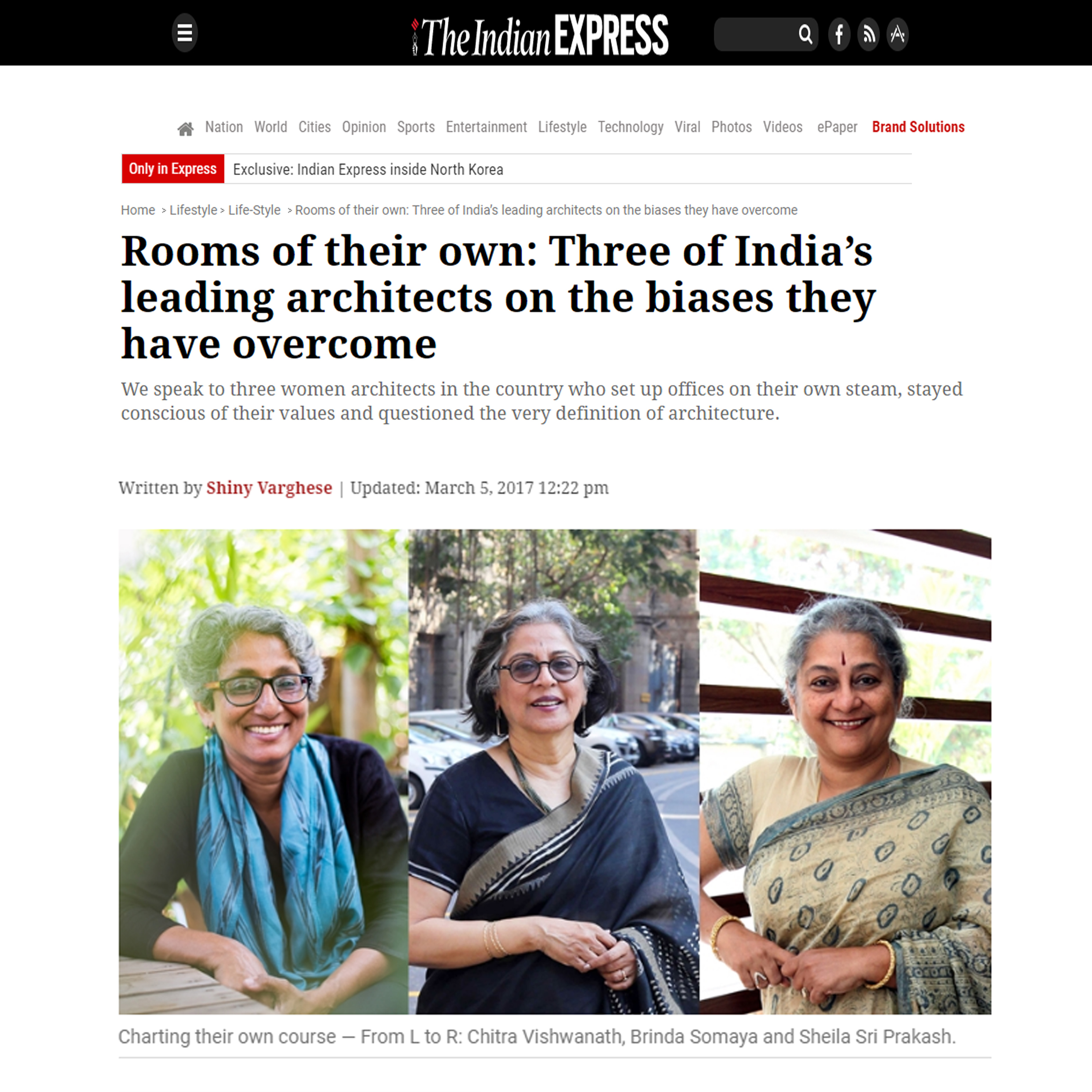 Rooms of their own: Three of India leading architects on the biases they have overcome, The Indian Express, 5th March 2017